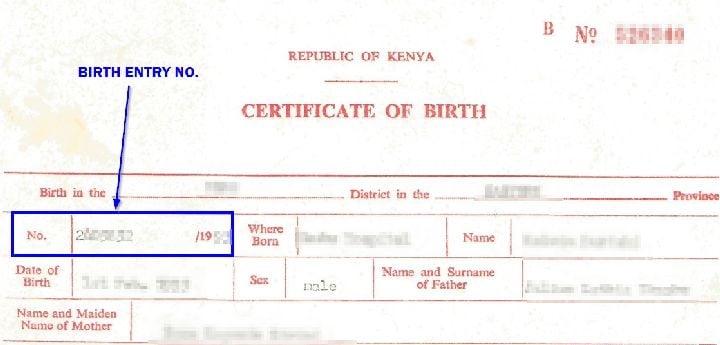 Image of a Kenyan Birth Certificate showing the birth entry number.